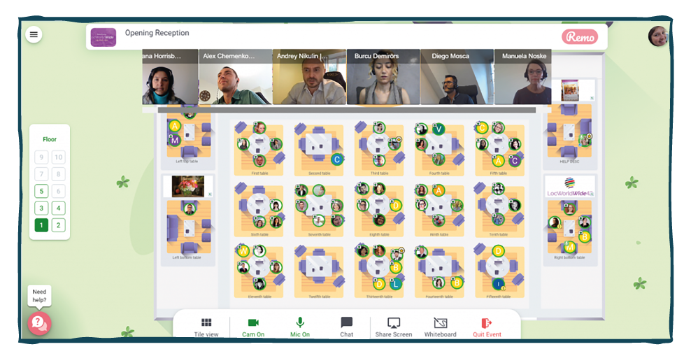 Terra team at LocWorld42 virtual conference platform with speaker grid.