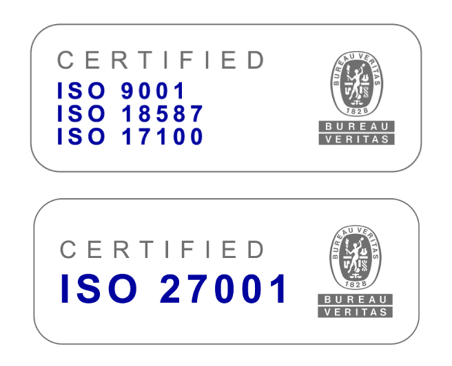 Two certification badges showing ISO standards. The top badge lists ISO 9001, ISO 18587, and ISO 17100 certifications. The bottom badge shows ISO 27001 certification, both issued by Bureau Veritas.
