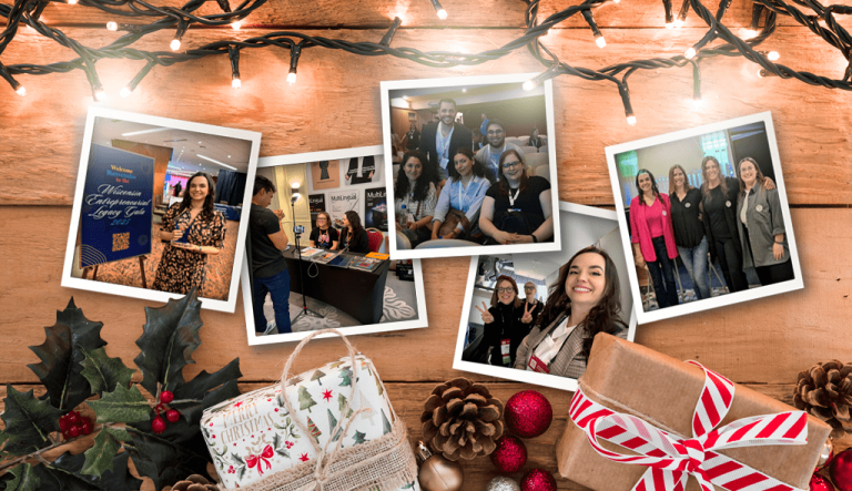 Festive collage of photos showing Terra team members attending industry conferences, networking at booths, and posing together, arranged on a wooden background with holiday decorations.