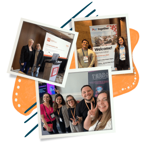 Collage of photos featuring Terra team members at international conferences and events, including welcome signs, presentation sessions, and group selfies highlighting collaboration and community.